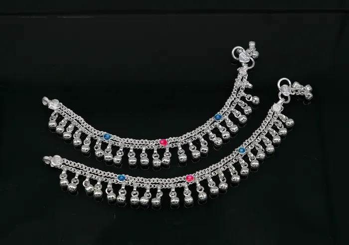 Bracelets TRIBAL ORNAMENTS 6 inches Sterling silver handmade double chain jingling ankle bracelet baby anklet high noisy sound bells charm foot anklets jewelry ank304 Bracelets TRIBAL ORNAMENTS 6 inches Sterling silver handmade double chain jingling ankle bracelet baby anklet high noisy sound bells charm foot anklets jewelry ank304