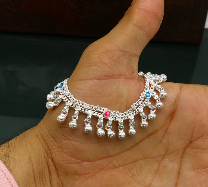Bracelets TRIBAL ORNAMENTS 6 inches Sterling silver handmade double chain jingling ankle bracelet baby anklet high noisy sound bells charm foot anklets jewelry ank304 Bracelets TRIBAL ORNAMENTS 6 inches Sterling silver handmade double chain jingling ankle bracelet baby anklet high noisy sound bells charm foot anklets jewelry ank304