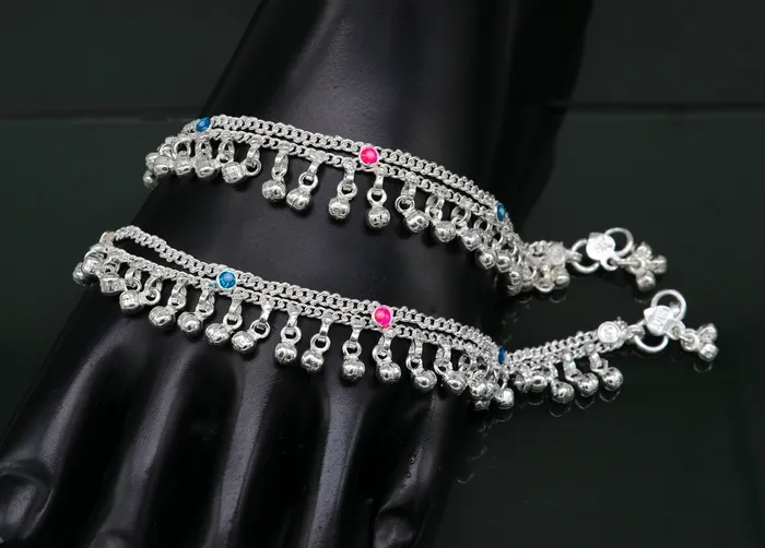Bracelets TRIBAL ORNAMENTS 6 inches Sterling silver handmade double chain jingling ankle bracelet baby anklet high noisy sound bells charm foot anklets jewelry ank304 Bracelets TRIBAL ORNAMENTS 6 inches Sterling silver handmade double chain jingling ankle bracelet baby anklet high noisy sound bells charm foot anklets jewelry ank304