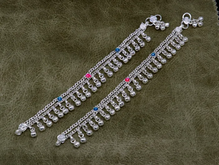 Bracelets TRIBAL ORNAMENTS 6 inches Sterling silver handmade double chain jingling ankle bracelet baby anklet high noisy sound bells charm foot anklets jewelry ank304 Bracelets TRIBAL ORNAMENTS 6 inches Sterling silver handmade double chain jingling ankle bracelet baby anklet high noisy sound bells charm foot anklets jewelry ank304