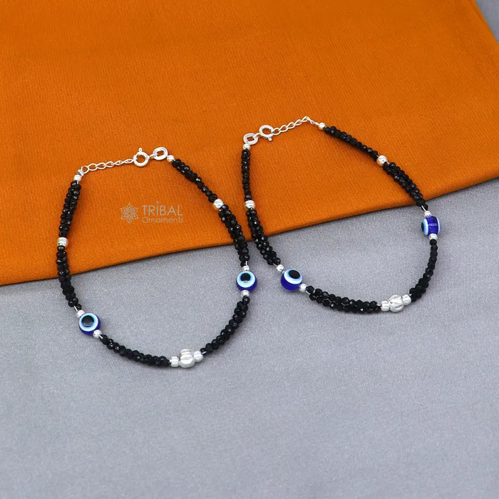 Bracelets TRIBAL ORNAMENTS 925 sterling silver and evil eye black beaded chain bracelet Combo use mother bracelet or baby anklets sbr747 Bracelets TRIBAL ORNAMENTS 925 sterling silver and evil eye black beaded chain bracelet Combo use mother bracelet or baby anklets sbr747