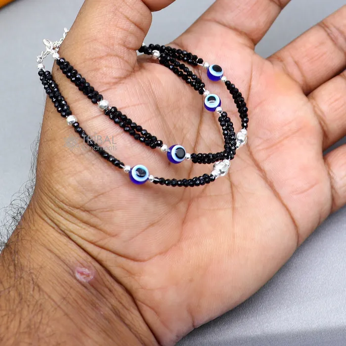 Bracelets TRIBAL ORNAMENTS 925 sterling silver and evil eye black beaded chain bracelet Combo use mother bracelet or baby anklets sbr747