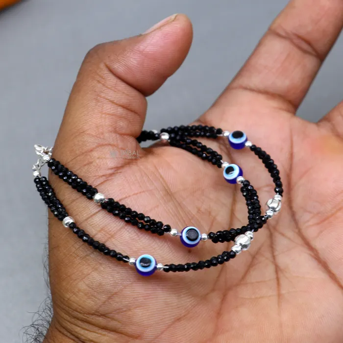 Bracelets TRIBAL ORNAMENTS 925 sterling silver and evil eye black beaded chain bracelet Combo use mother bracelet or baby anklets sbr747