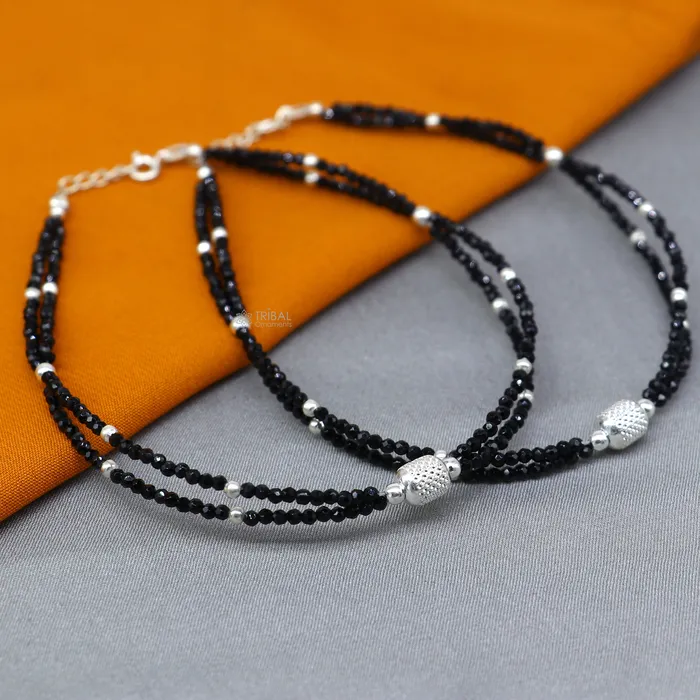 Bracelets TRIBAL ORNAMENTS 925 sterling silver double chain black beaded anklet bracelet amazing light weight delicate anklets silver jewelry ank659 Bracelets TRIBAL ORNAMENTS 925 sterling silver double chain black beaded anklet bracelet amazing light weight delicate anklets silver jewelry ank659