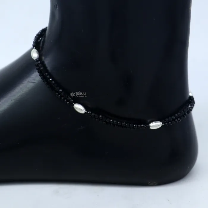 Bracelets TRIBAL ORNAMENTS 925 sterling silver double chain black beaded anklet bracelet amazing light weight delicate anklets silver jewelry ank659