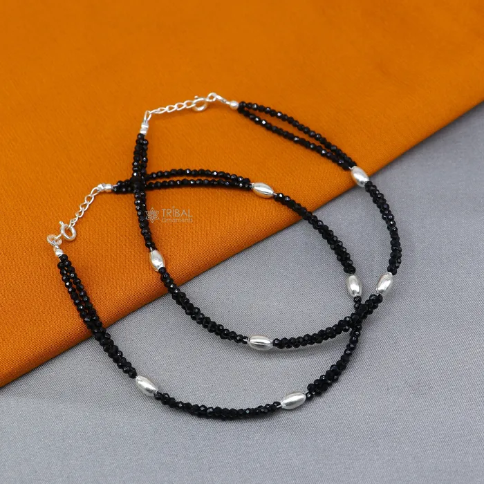 Bracelets TRIBAL ORNAMENTS 925 sterling silver double chain black beaded anklet bracelet amazing light weight delicate anklets silver jewelry ank659