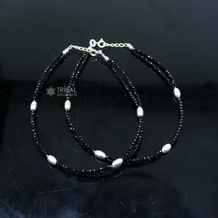 Bracelets TRIBAL ORNAMENTS 925 sterling silver double chain black beaded anklet bracelet amazing light weight delicate anklets silver jewelry ank659