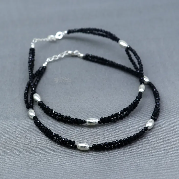 Bracelets TRIBAL ORNAMENTS 925 sterling silver double chain black beaded anklet bracelet amazing light weight delicate anklets silver jewelry ank659