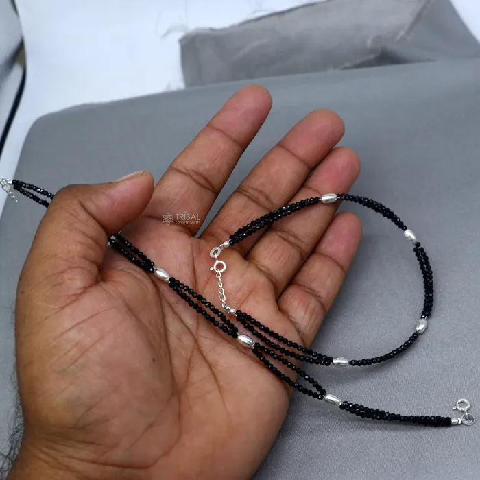 Bracelets TRIBAL ORNAMENTS 925 sterling silver double chain black beaded anklet bracelet amazing light weight delicate anklets silver jewelry ank659