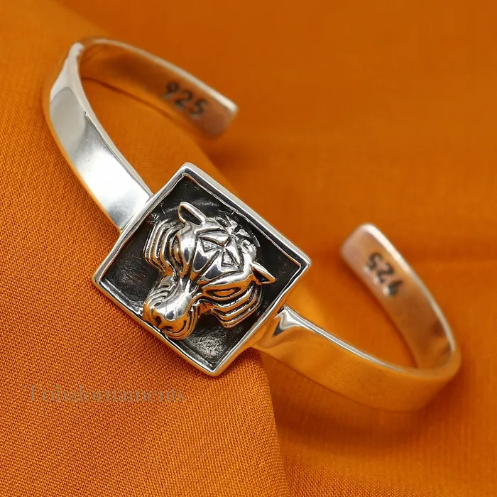 Bracelets TRIBAL ORNAMENTS 925 sterling silver handmade lion face design adjustable bangle cuff bracelet kada best unisex gifting ethnic jewelry india nsk368