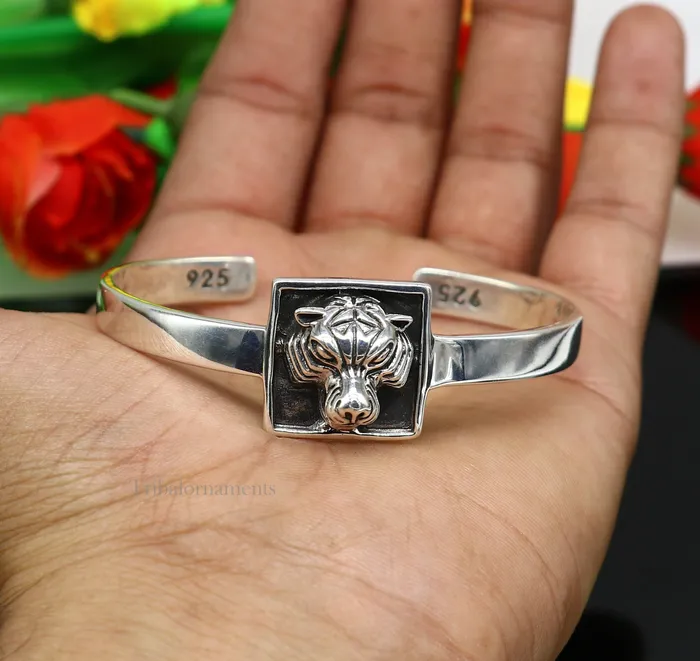 Bracelets TRIBAL ORNAMENTS 925 sterling silver handmade lion face design adjustable bangle cuff bracelet kada best unisex gifting ethnic jewelry india nsk368