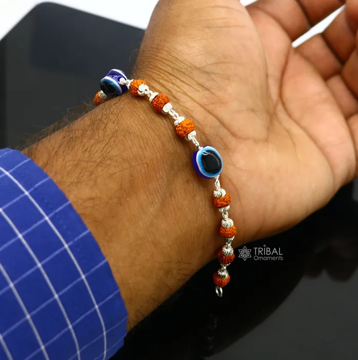 Bracelets TRIBAL ORNAMENTS 925 sterling silver Rudraksha beads with evil eye bracelet stylish unisex cultural trendy handmade bracelet all sizes jewelry sbr472 Bracelets TRIBAL ORNAMENTS 925 sterling silver Rudraksha beads with evil eye bracelet stylish unisex cultural trendy handmade bracelet all sizes jewelry sbr472