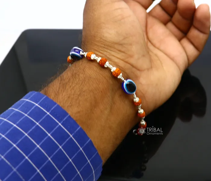 Bracelets TRIBAL ORNAMENTS 925 sterling silver Rudraksha beads with evil eye bracelet stylish unisex cultural trendy handmade bracelet all sizes jewelry sbr472 Bracelets TRIBAL ORNAMENTS 925 sterling silver Rudraksha beads with evil eye bracelet stylish unisex cultural trendy handmade bracelet all sizes jewelry sbr472