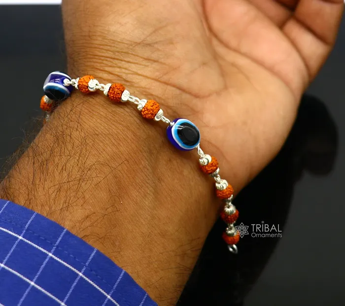 Bracelets TRIBAL ORNAMENTS 925 sterling silver Rudraksha beads with evil eye bracelet stylish unisex cultural trendy handmade bracelet all sizes jewelry sbr472 Bracelets TRIBAL ORNAMENTS 925 sterling silver Rudraksha beads with evil eye bracelet stylish unisex cultural trendy handmade bracelet all sizes jewelry sbr472
