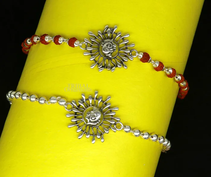 Bracelets TRIBAL ORNAMENTS Silver Ganesha Rakhi 925 Sterling silver Rakhi bracelet with rudrakh beads best gift for your brothers for special gifting rk196