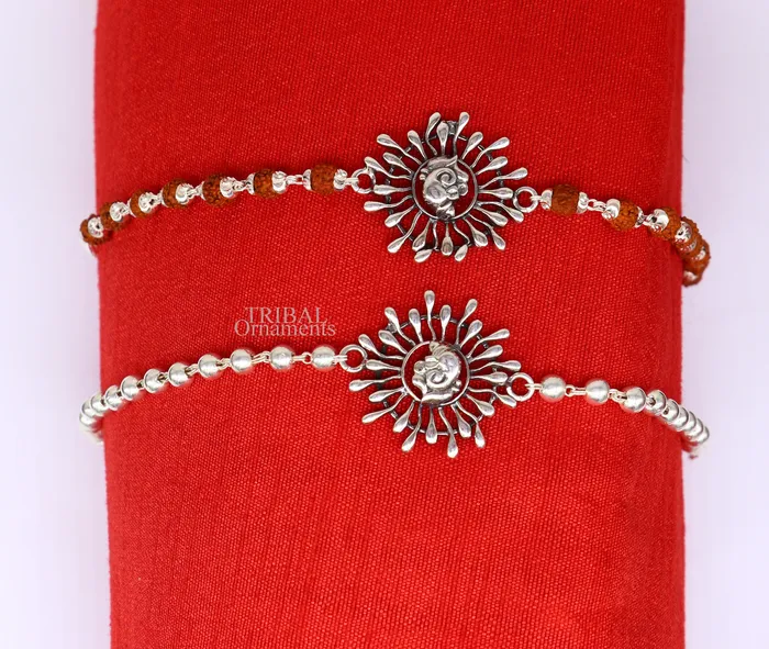 Bracelets TRIBAL ORNAMENTS Silver Ganesha Rakhi 925 Sterling silver Rakhi bracelet with rudrakh beads best gift for your brothers for special gifting rk196