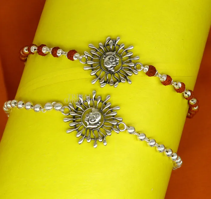 Bracelets TRIBAL ORNAMENTS Silver Ganesha Rakhi 925 Sterling silver Rakhi bracelet with rudrakh beads best gift for your brothers for special gifting rk196