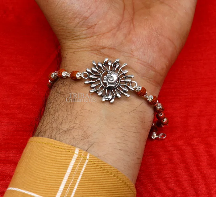 Bracelets TRIBAL ORNAMENTS Silver Ganesha Rakhi 925 Sterling silver Rakhi bracelet with rudrakh beads best gift for your brothers for special gifting rk196