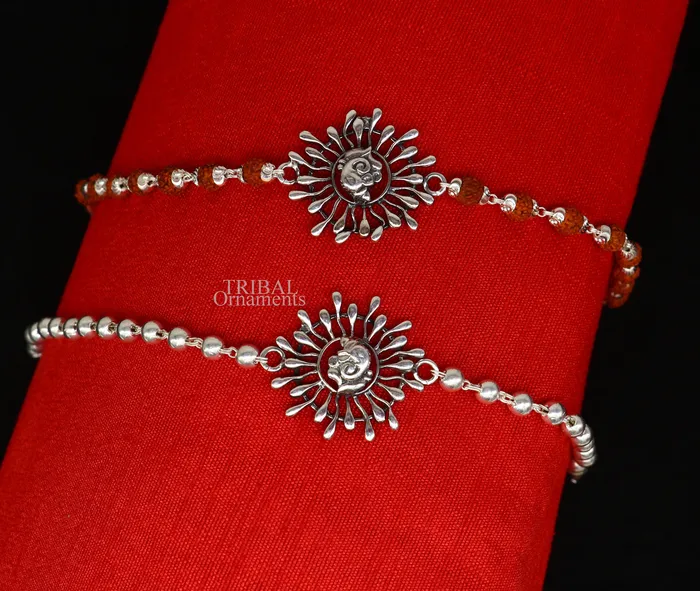 Bracelets TRIBAL ORNAMENTS Silver Ganesha Rakhi 925 Sterling silver Rakhi bracelet with rudrakh beads best gift for your brothers for special gifting rk196