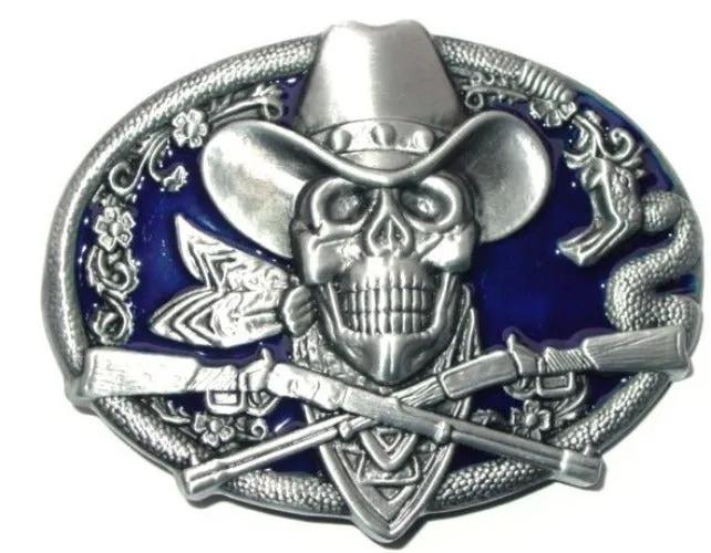 BU191 Blue Cowboy Skull Belt Buckle POLLY Rings