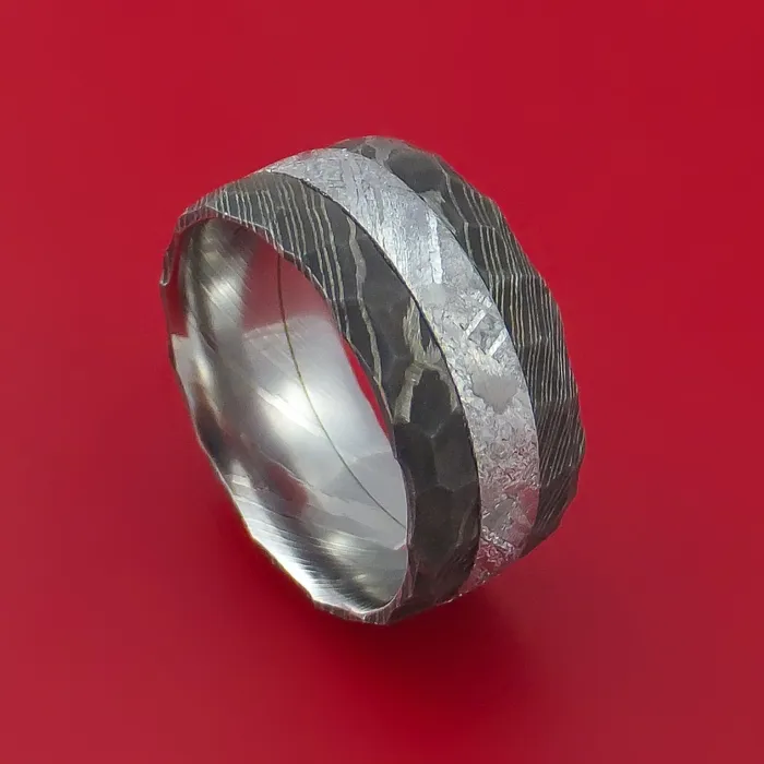 Damascus Steel Ring with Gibeon Meteorite Inlay Custom Made Band Lashbrook Rings Damascus Steel Ring with Gibeon Meteorite Inlay Custom Made Band Lashbrook Rings