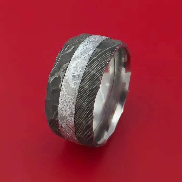 Damascus Steel Ring with Gibeon Meteorite Inlay Custom Made Band Lashbrook Rings Damascus Steel Ring with Gibeon Meteorite Inlay Custom Made Band Lashbrook Rings