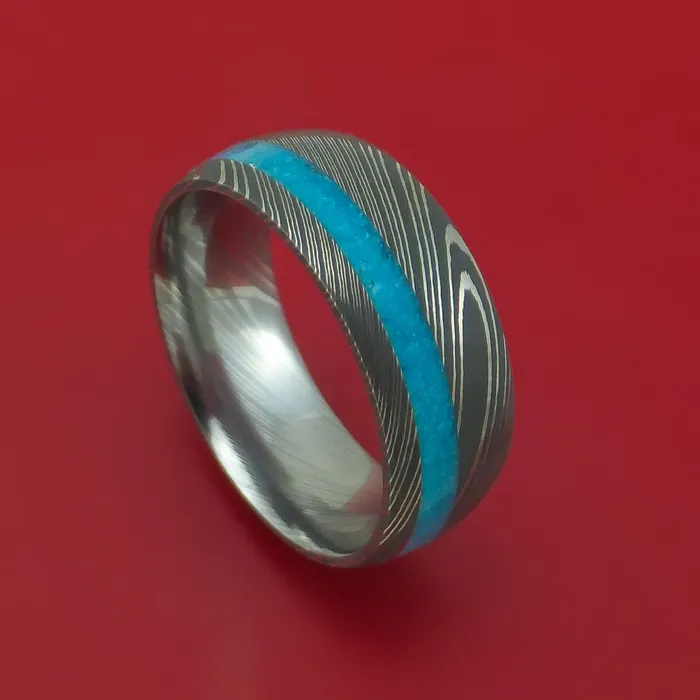 Damascus Steel Ring with Turquoise Inlay Custom Made Band Lashbrook Rings Damascus Steel Ring with Turquoise Inlay Custom Made Band Lashbrook Rings