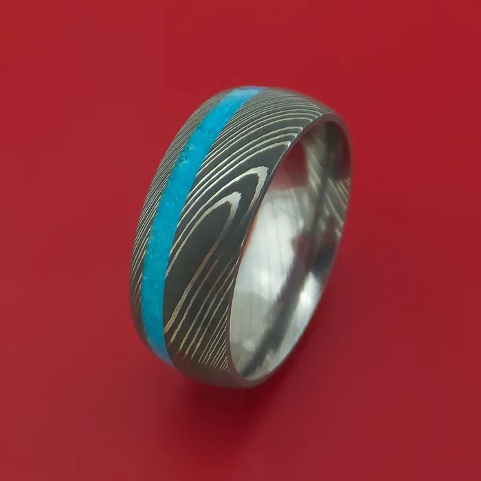 Damascus Steel Ring with Turquoise Inlay Custom Made Band Lashbrook Rings Damascus Steel Ring with Turquoise Inlay Custom Made Band Lashbrook Rings