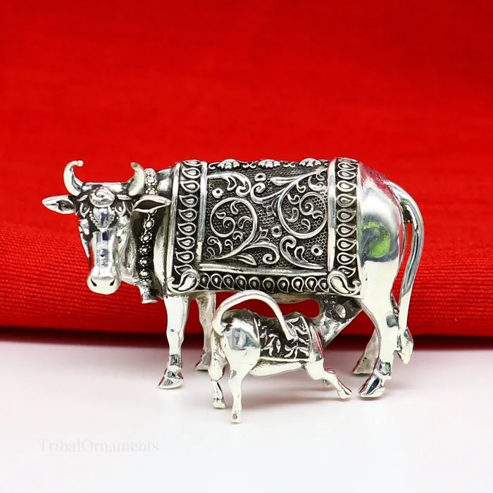 Divine cow with calf 925 sterling silver vintage Nakshi work design Kamdhenu cow deitys cow wishing cow silver worshipping puja art115 TRIBAL ORNAMENTS Rings