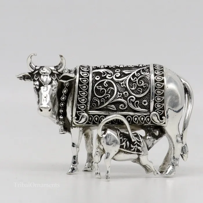Divine cow with calf 925 sterling silver vintage Nakshi work design Kamdhenu cow deitys cow wishing cow silver worshipping puja art115 TRIBAL ORNAMENTS Rings