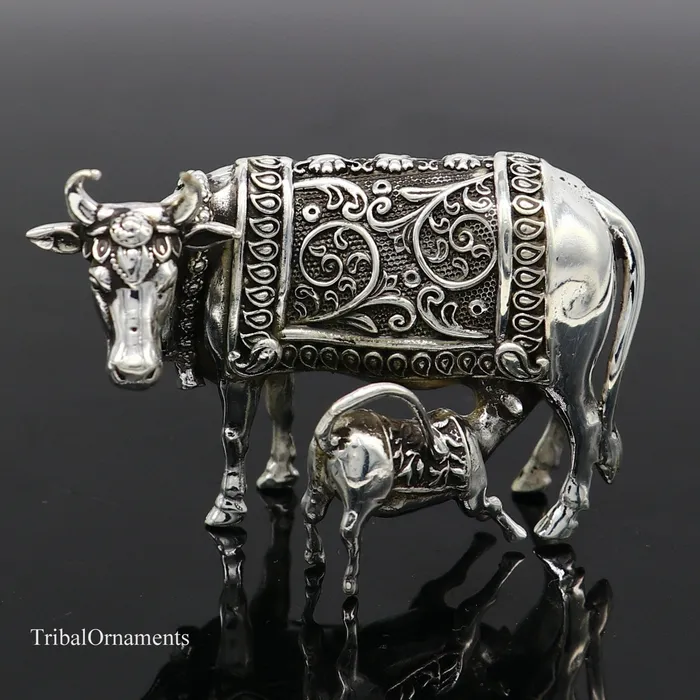 Divine cow with calf 925 sterling silver vintage Nakshi work design Kamdhenu cow deitys cow wishing cow silver worshipping puja art115 TRIBAL ORNAMENTS Rings