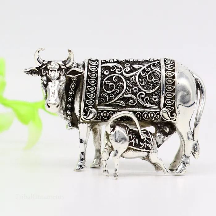 Divine cow with calf 925 sterling silver vintage Nakshi work design Kamdhenu cow deitys cow wishing cow silver worshipping puja art115 TRIBAL ORNAMENTS Rings