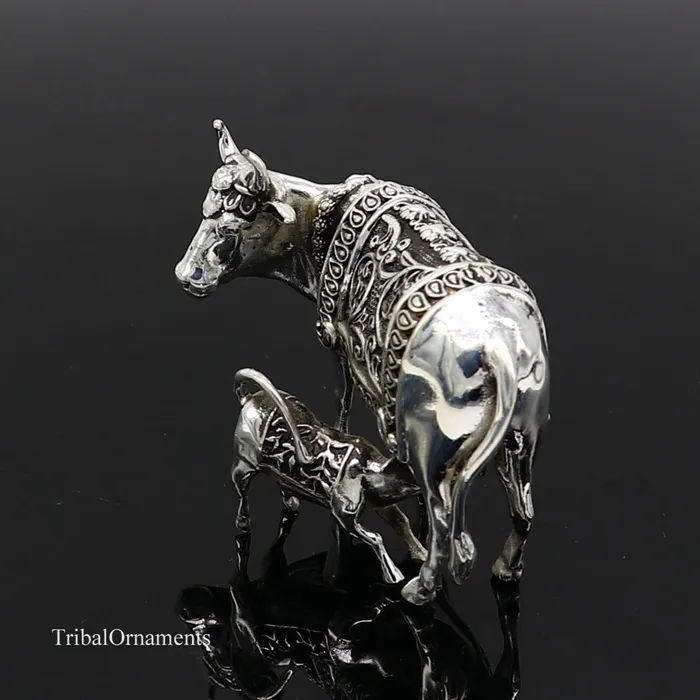 Divine cow with calf 925 sterling silver vintage Nakshi work design Kamdhenu cow deitys cow wishing cow silver worshipping puja art115 TRIBAL ORNAMENTS Rings