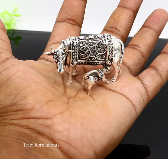 Divine cow with calf 925 sterling silver vintage Nakshi work design Kamdhenu cow deitys cow wishing cow silver worshipping puja art115 TRIBAL ORNAMENTS Rings