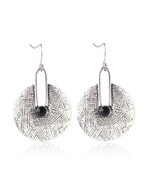E1854 Silver Textured Round Black Gem Earrings 02 Earrings