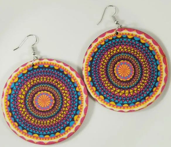 E807 Large Round Wooden Colorful Festive Earrings polly Earrings