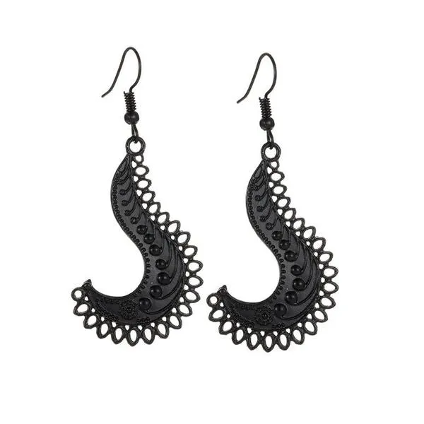 Earrings 01 E478 Black J Shape Filigree Earrings