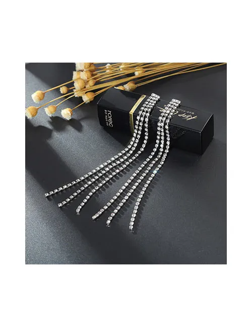 Earrings 02 E122 Silver Long Rhinestone Dangle Earrings