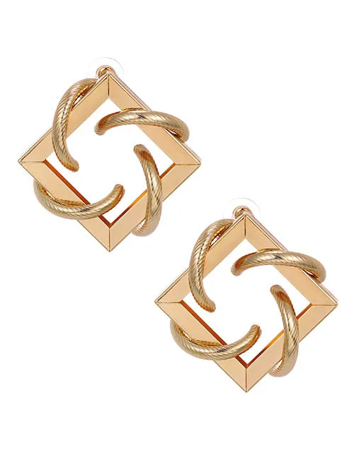 Earrings 02 E1372 Large Gold Diamond and Textured Rings Metal Earrings