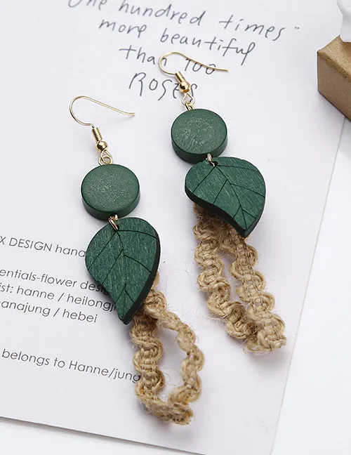 Earrings 02 E1732 Gold Green Wooden Leaf Fabric Accent Earrings