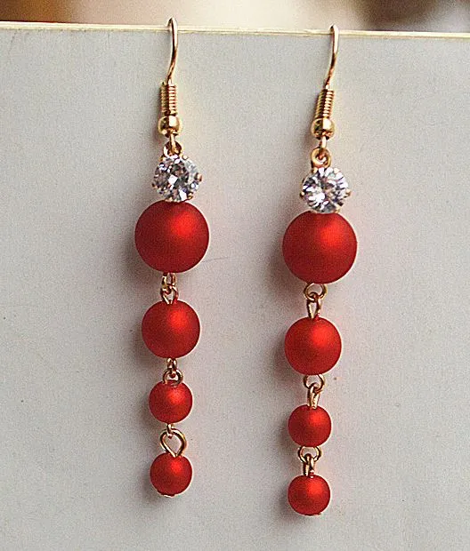 Earrings E791 Gold Red Pearl Dangle Rhinestone Earrings 02