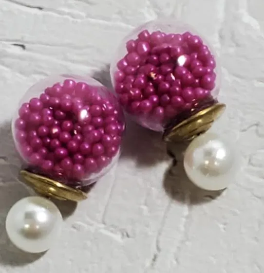 Earrings Susan E1600 Pearl Fuchsia Ball Filled Double Ball Earrings