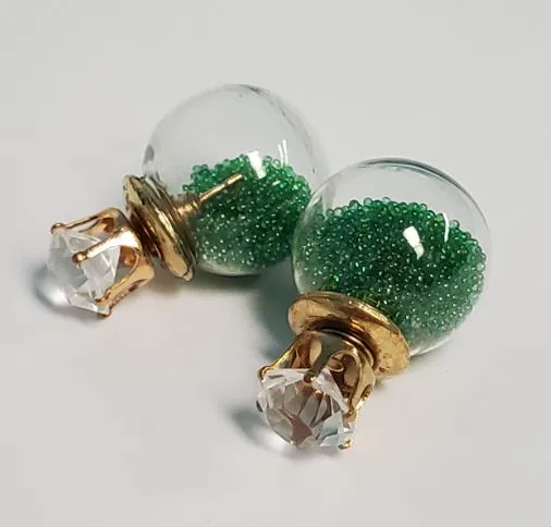 Earrings Susan E301 Gold Rhinestone Green Bead Filled Ball Earrings