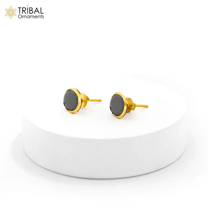 Earrings TRIBAL ORNAMENTS Genuine 18k yellow gold handmade fabulous black onyx stone excellent antique vintage design stud earrings pair unisex jewelry