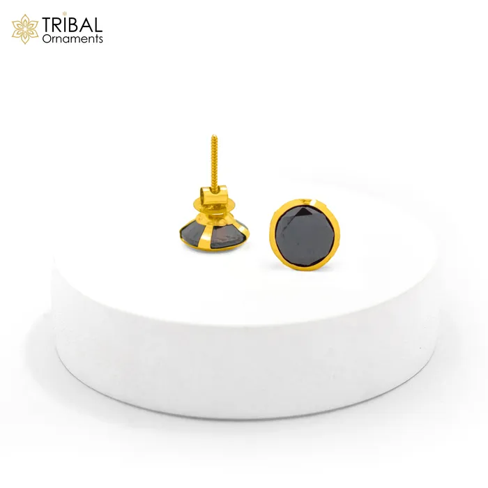 Earrings TRIBAL ORNAMENTS Genuine 18k yellow gold handmade fabulous black onyx stone excellent antique vintage design stud earrings pair unisex jewelry