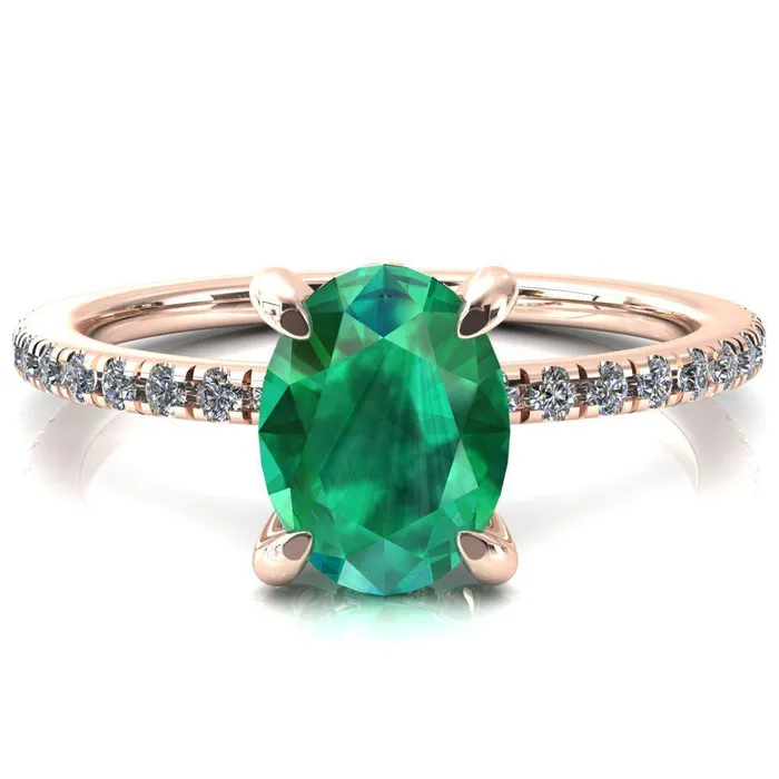 Ezili Oval Emerald 4 Claw Prong Micro Pave Diamond Sides Engagement Ring Fire Brilliance Rings