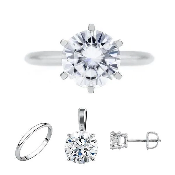 FAB Round Moissanite 6 Prong Ring Complete 14K White Gold Solitaire Wedding Set Fire Brilliance Rings FAB Round Moissanite 6 Prong Ring Complete 14K White Gold Solitaire Wedding Set Fire Brilliance Rings