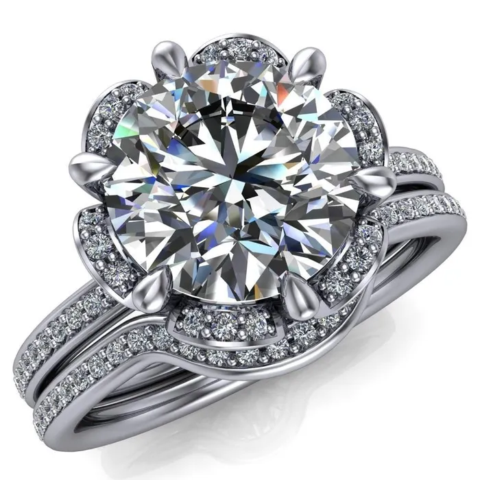 Fire Brilliance Daisy Round LabGrown Diamond Center Stone Floral Diamond Basket Design and Diamond Shoulders Ring Rings Fire Brilliance Daisy Round LabGrown Diamond Center Stone Floral Diamond Basket Design and Diamond Shoulders Ring Rings
