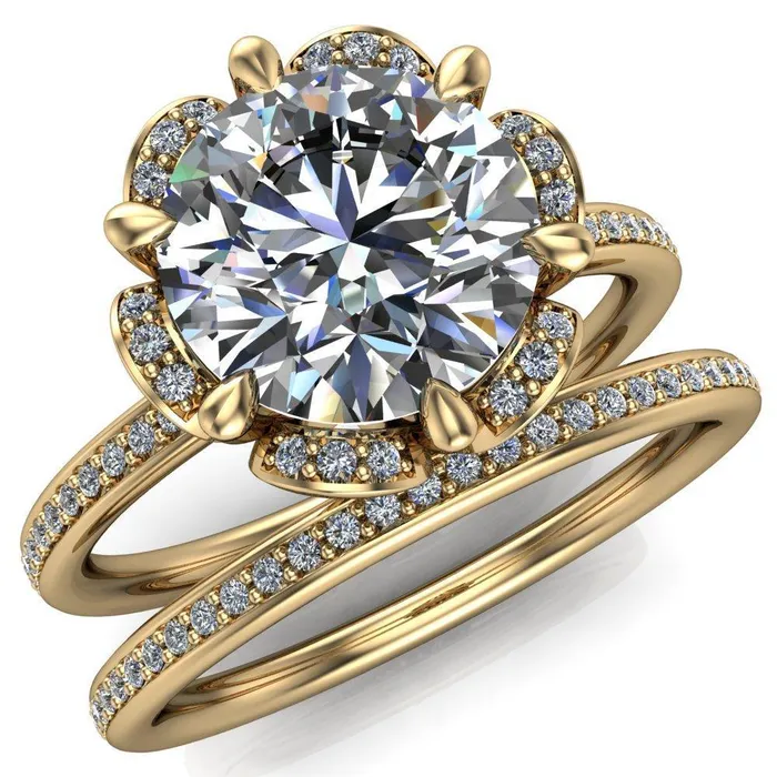 Fire Brilliance Daisy Round LabGrown Diamond Center Stone Floral Diamond Basket Design and Diamond Shoulders Ring Rings