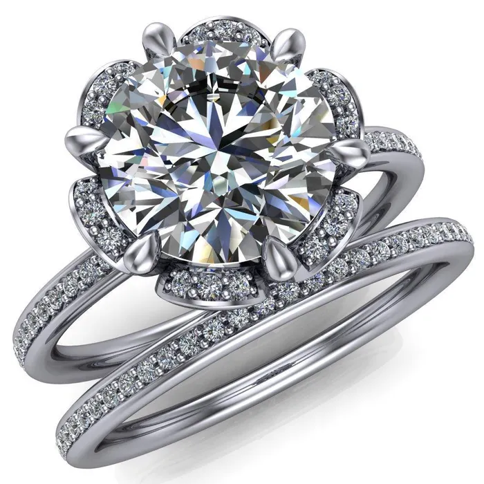 Fire Brilliance Daisy Round LabGrown Diamond Center Stone Floral Diamond Basket Design and Diamond Shoulders Ring Rings